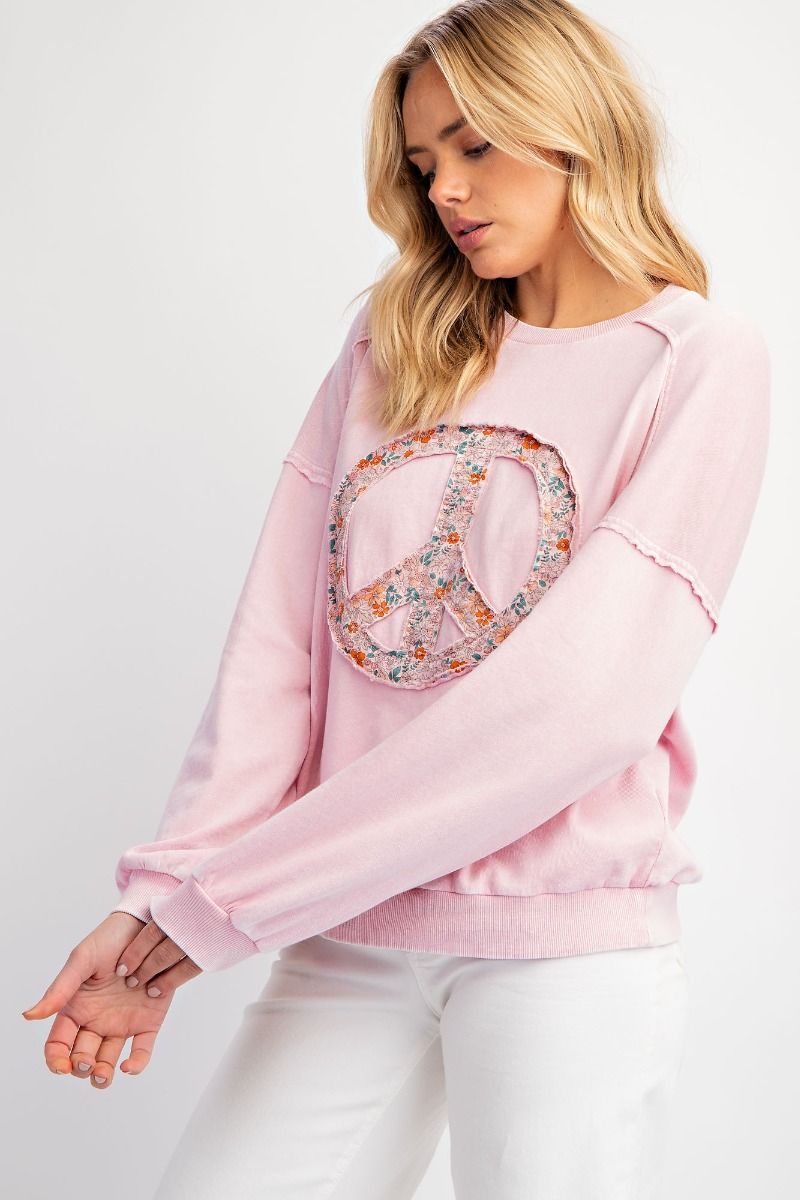 SPRINGTIME PINK PEACE SIGN WASHED TERRY PULLOVER