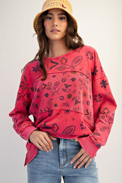 BOHO RED FLORAL PRINTED WASHED TERRY PULLOVER