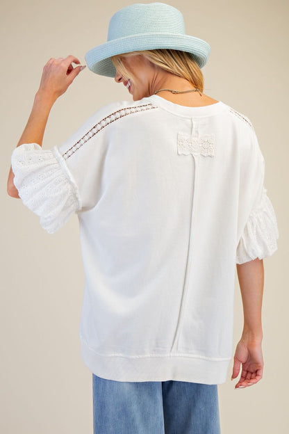 OFF WHITE EYELET LACE SLEEVES WASHED TERRY TOP