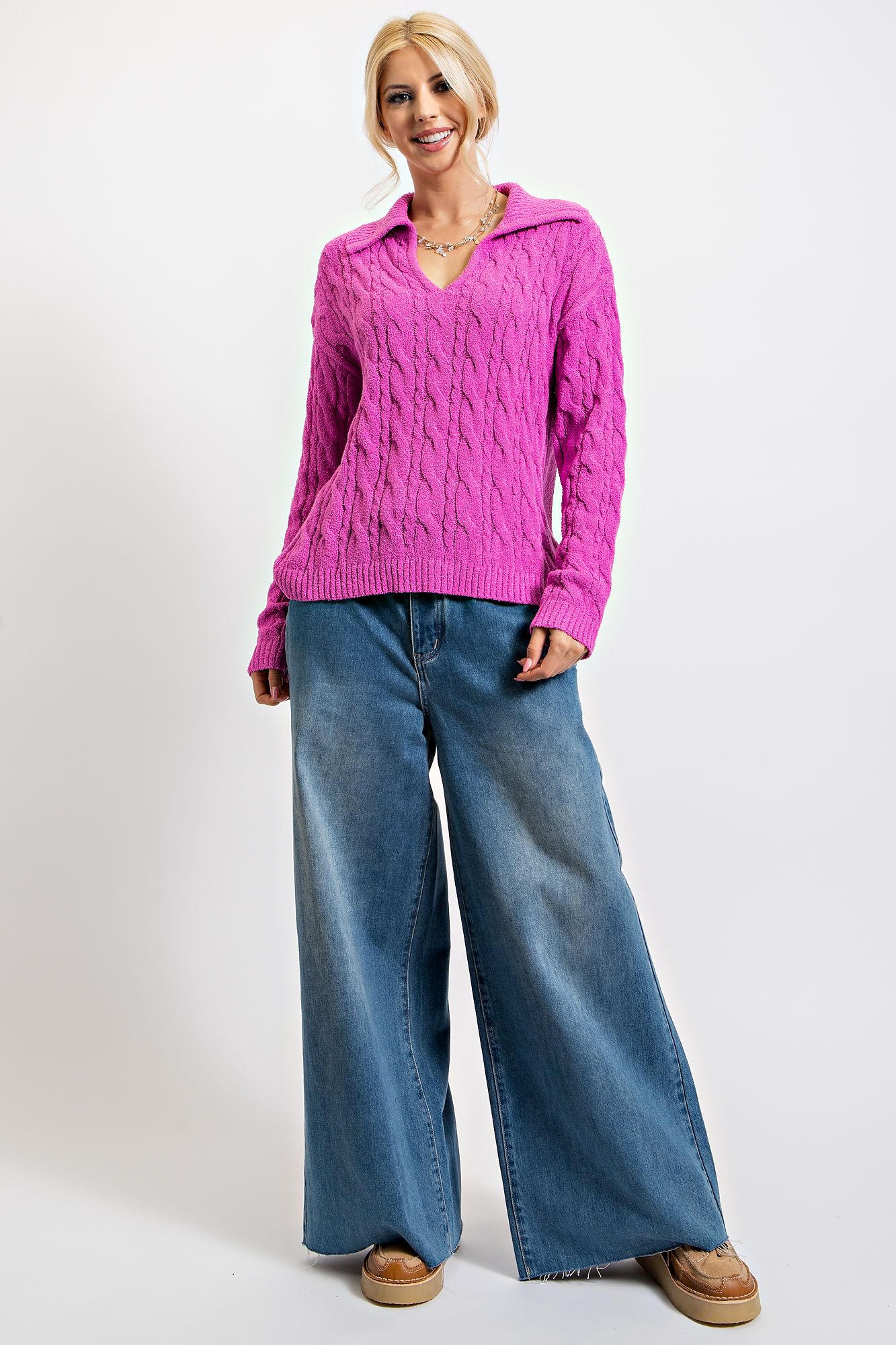 Magenta Pink Cable Knitted Sweater