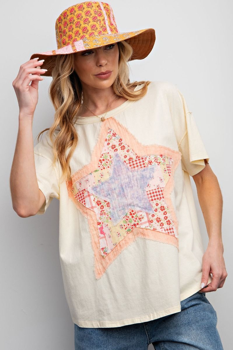 STAR PATCH FRONT WASHED COTTON JERSEY IVORY TOP
