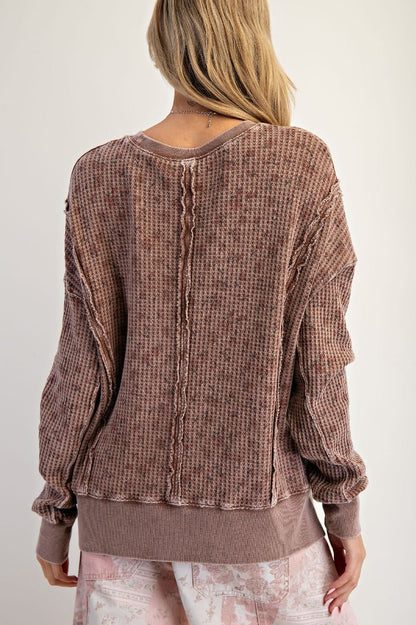 FLORAL PRINTED THERMAL MINERAL WASHED PULLOVER