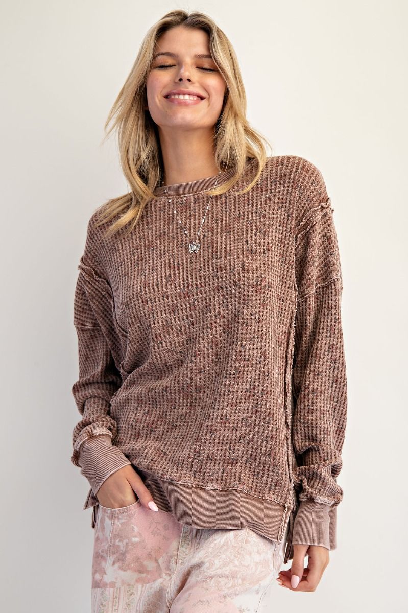 FLORAL PRINTED THERMAL MINERAL WASHED PULLOVER