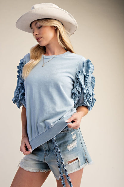 Dusty Blue Ruffled Mineral Wash Top