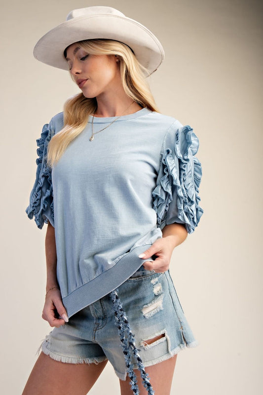 Dusty Blue Ruffled Mineral Wash Top