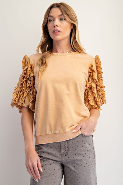Honey Latte Ruffled Mineral Wash Top