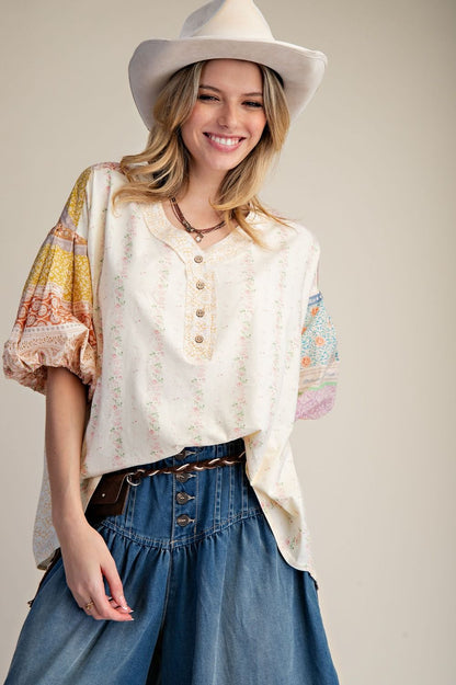 MIX N MATCH PRINT WASHED HENLEY TOP