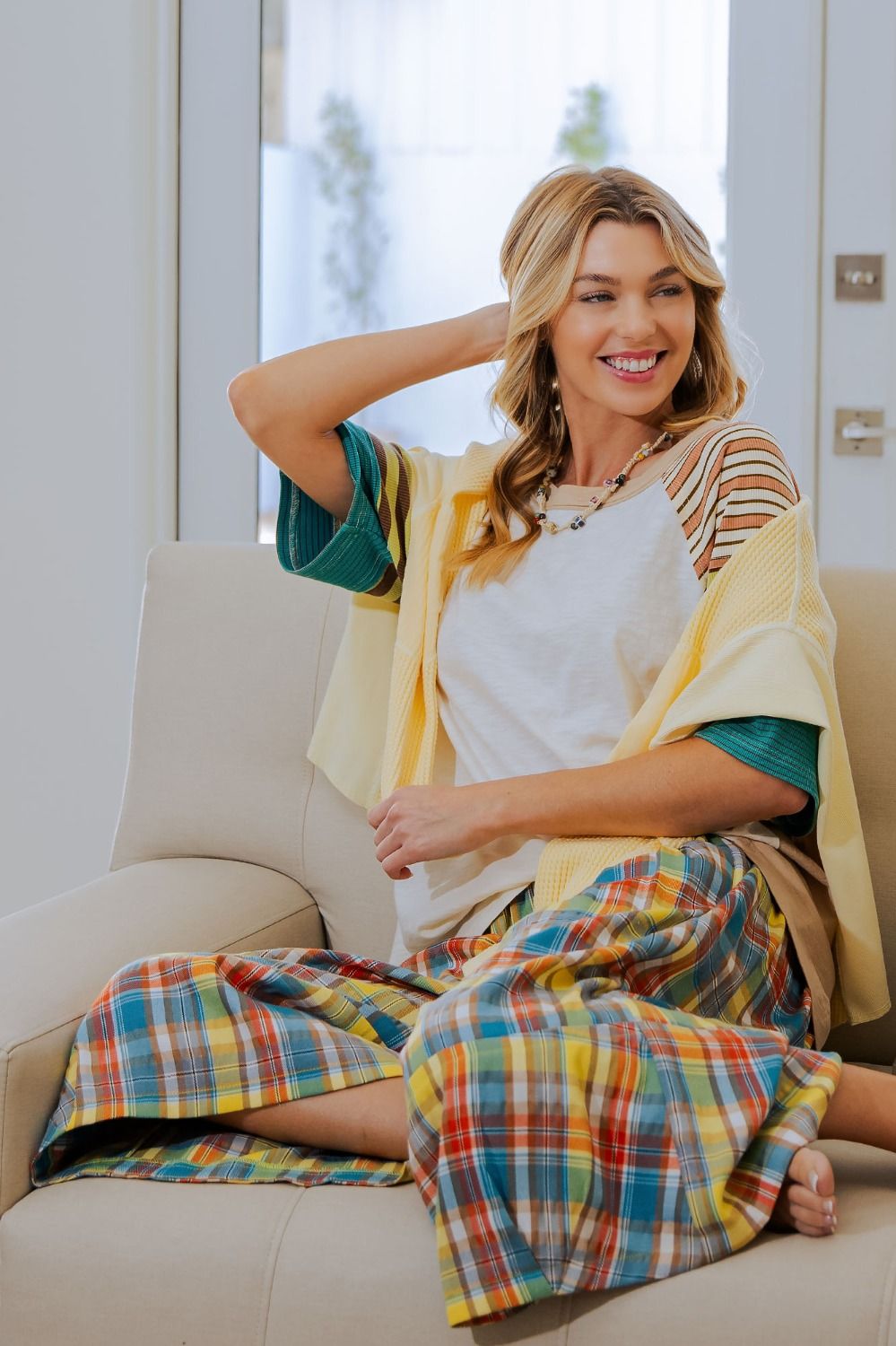 ECRU STRIPE MIX WASHED COTTON TOP