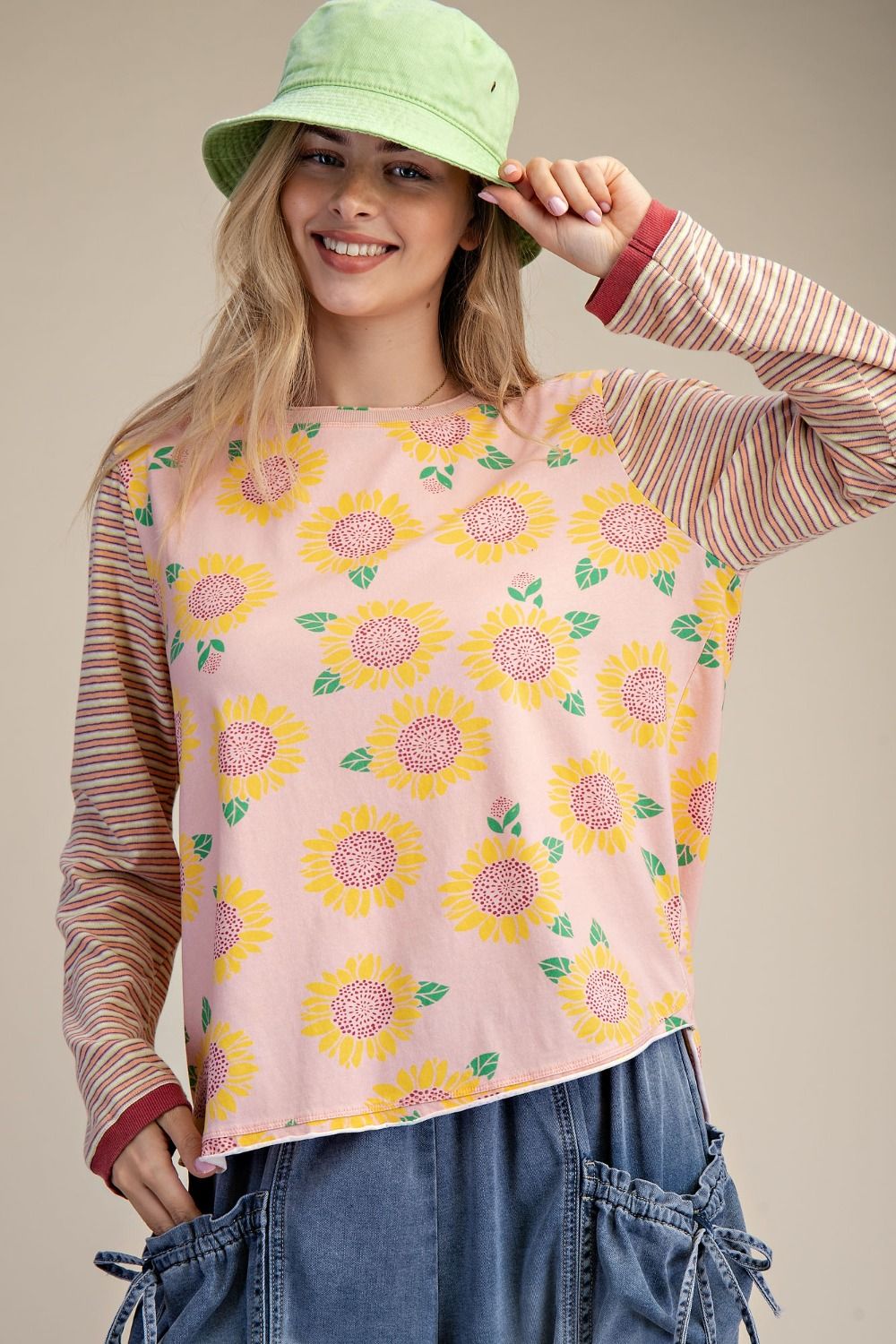 CORAL PINK FLOWER PRINT COTTON JERSEY WASHED TOP