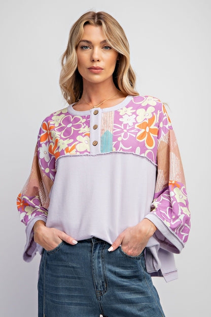 LILAC MIX PRINT TERRY KNIT HENLEY TOP