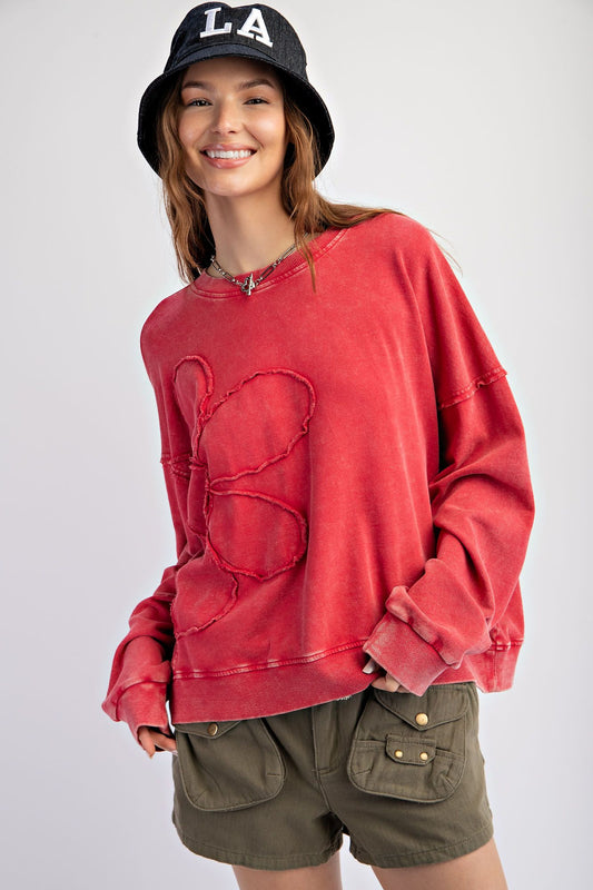 BOHO RED FLOWER PATCH WASHED TERRY KNIT PULLOVER