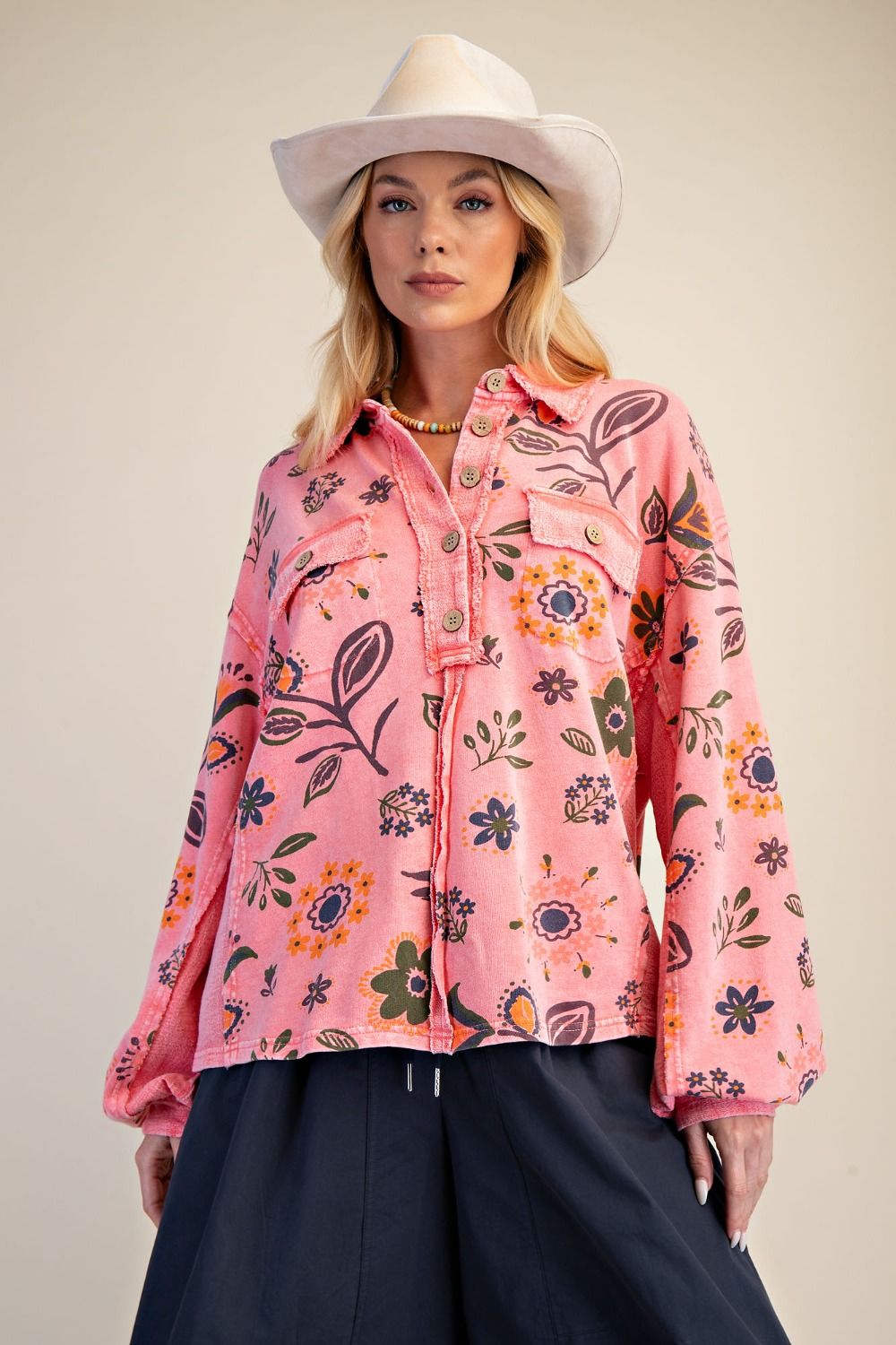 Coral Floral Printed Washed Terry Pullover Shirt