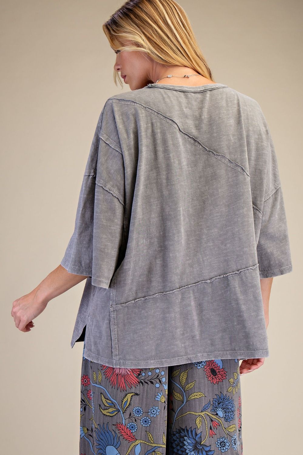 GREY WASHED COTTON SLUB OVERSIZED TOP