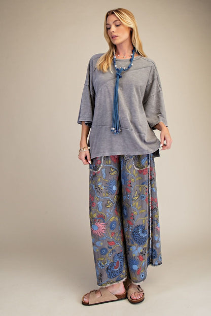 FLORAL PRINT WASHED BLACK CHAMBRAY PANTS