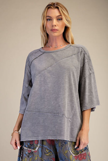 GREY WASHED COTTON SLUB OVERSIZED TOP