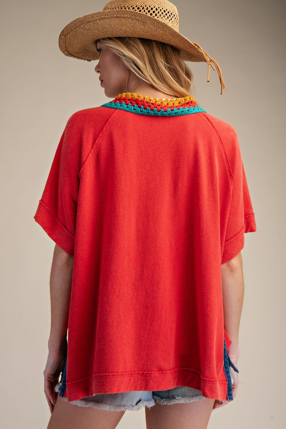 EASEL WASHED COTTON RED JERSEY TOP