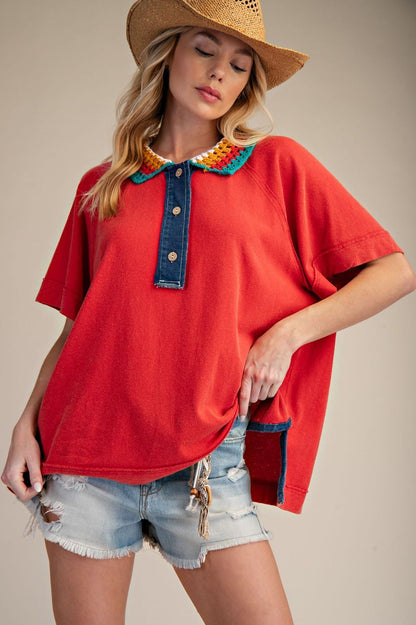 EASEL WASHED COTTON RED JERSEY TOP