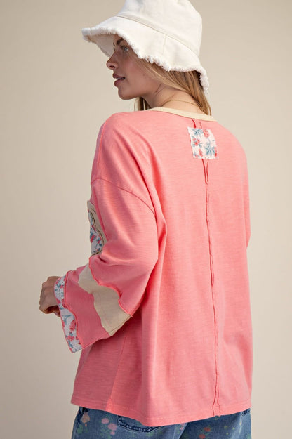 CANDY CORAL DAISY PRINT PATCH WASHED COTTON BOXY TOP
