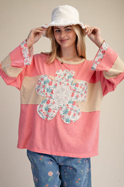 CANDY CORAL DAISY PRINT PATCH WASHED COTTON BOXY TOP