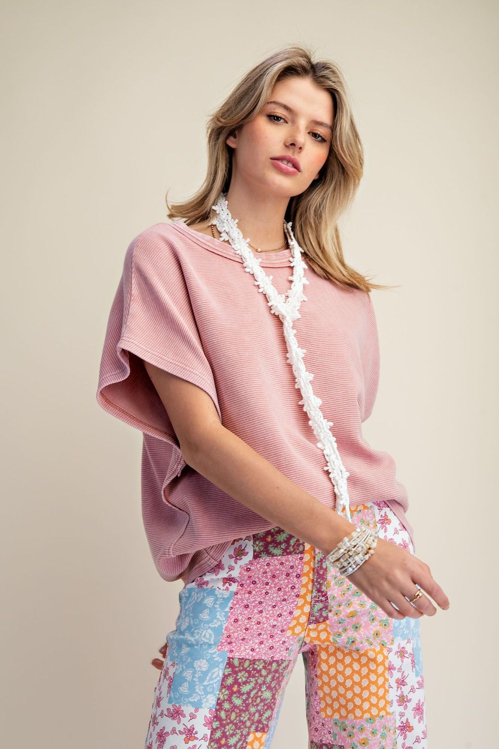 MAUVE DROP SHOULDER TEXTURED WASHED TOP