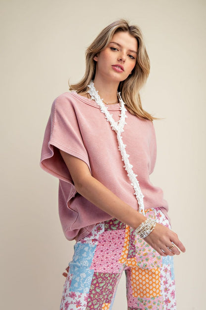 MAUVE DROP SHOULDER TEXTURED WASHED TOP