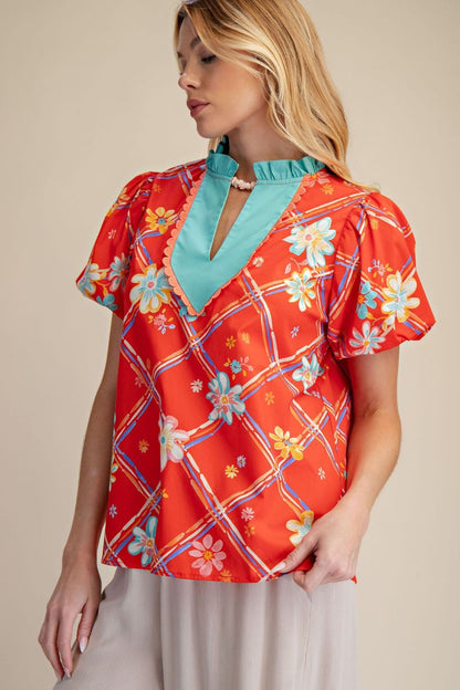 EASEL RED FLORAL PRINTED POPLIN TOP
