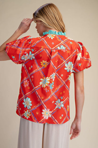 EASEL RED FLORAL PRINTED POPLIN TOP