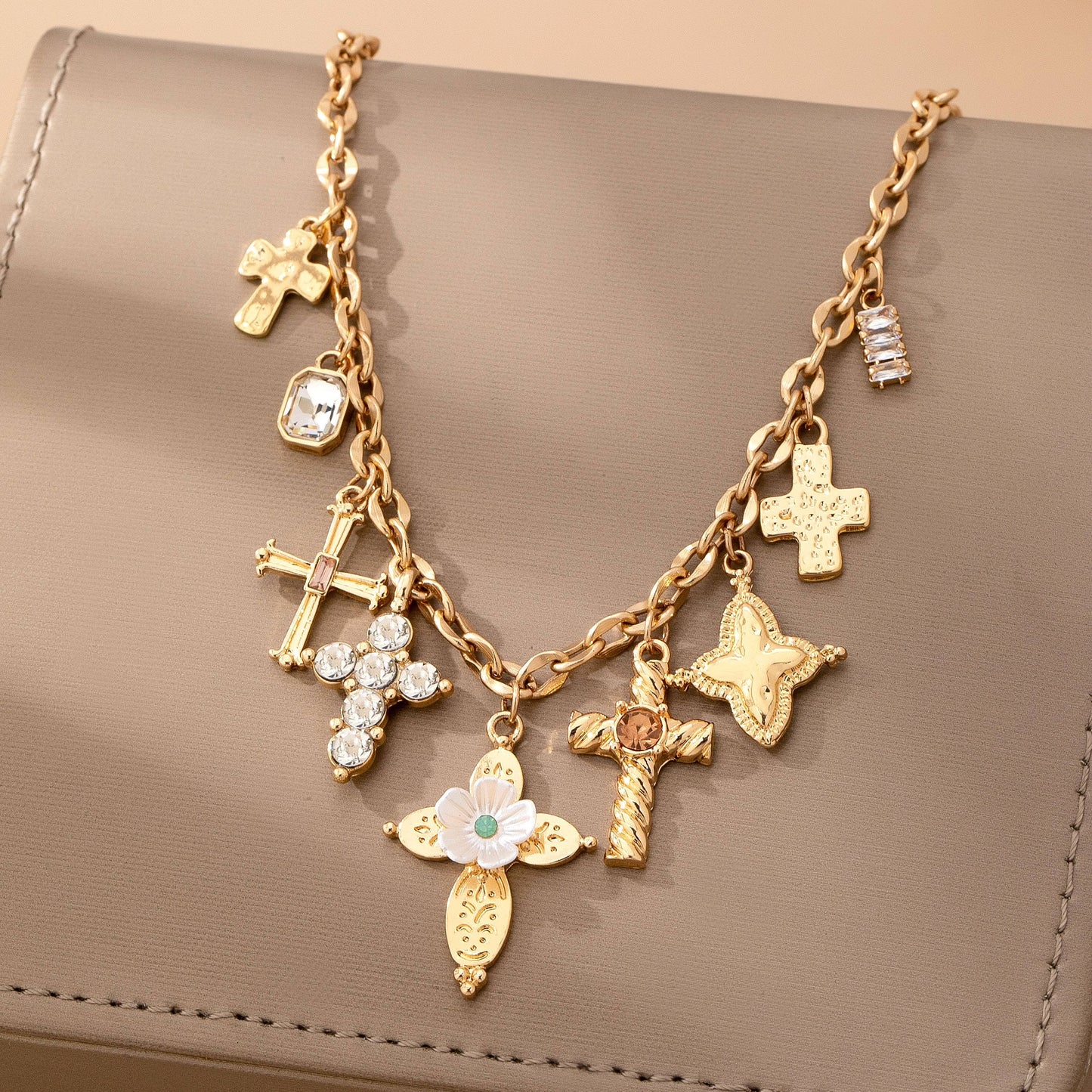 Charm Necklace - Multi-Cross Crystal Charm | 80N92856: Gold