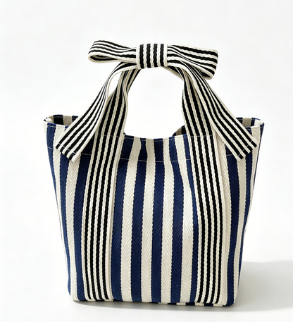 Black Mini Striped Tote Bag Beach Bow Handle Bag