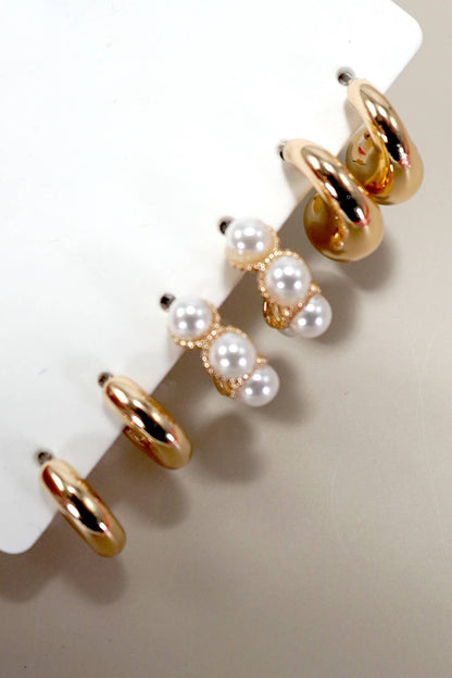 TRIO HUGGIE PEARL GOLD HOOP EARRINGS | 80E5596: Gold