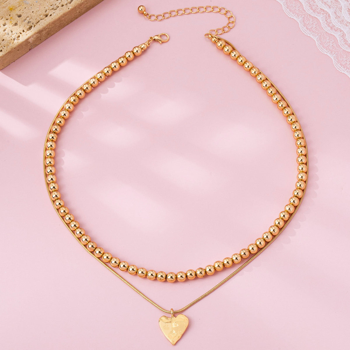 DOUBLE LAYER BALL CHAIN HEART CHARM NECKLACE | 80N92736: GOLD