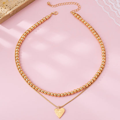 DOUBLE LAYER BALL CHAIN HEART CHARM NECKLACE | 80N92736: GOLD