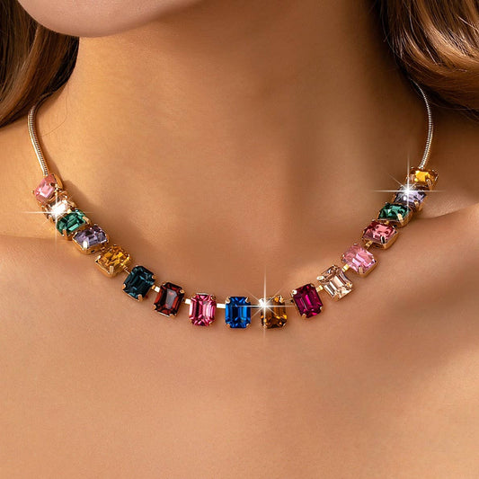 Rainbow Emerald-Cut Gemstone Statement Necklace | 80N92825: Gold
