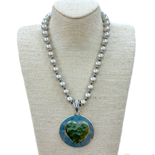 Two Tone Heart Coin Pendant on Faux Navajo Pearl Necklace