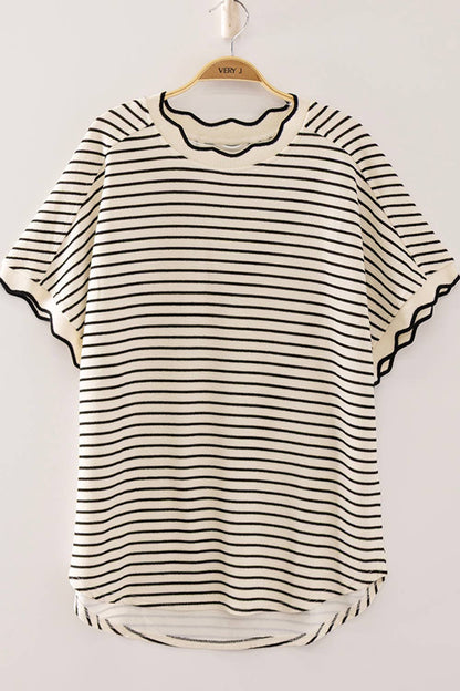Scallop Trim Stripe Knit Top: WHITE STRIPE