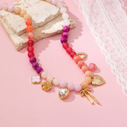 Pastel Beaded Bow Heart Flower Charm Necklace | 80N92704: GOLD