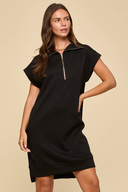 Half-Zip Jacquard Dress w/ Pockets: JET BLACK