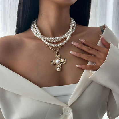 MULTI WRAP PEARL BEADED CROSS CHARM NECKLACE | 40NK9599: GOLD
