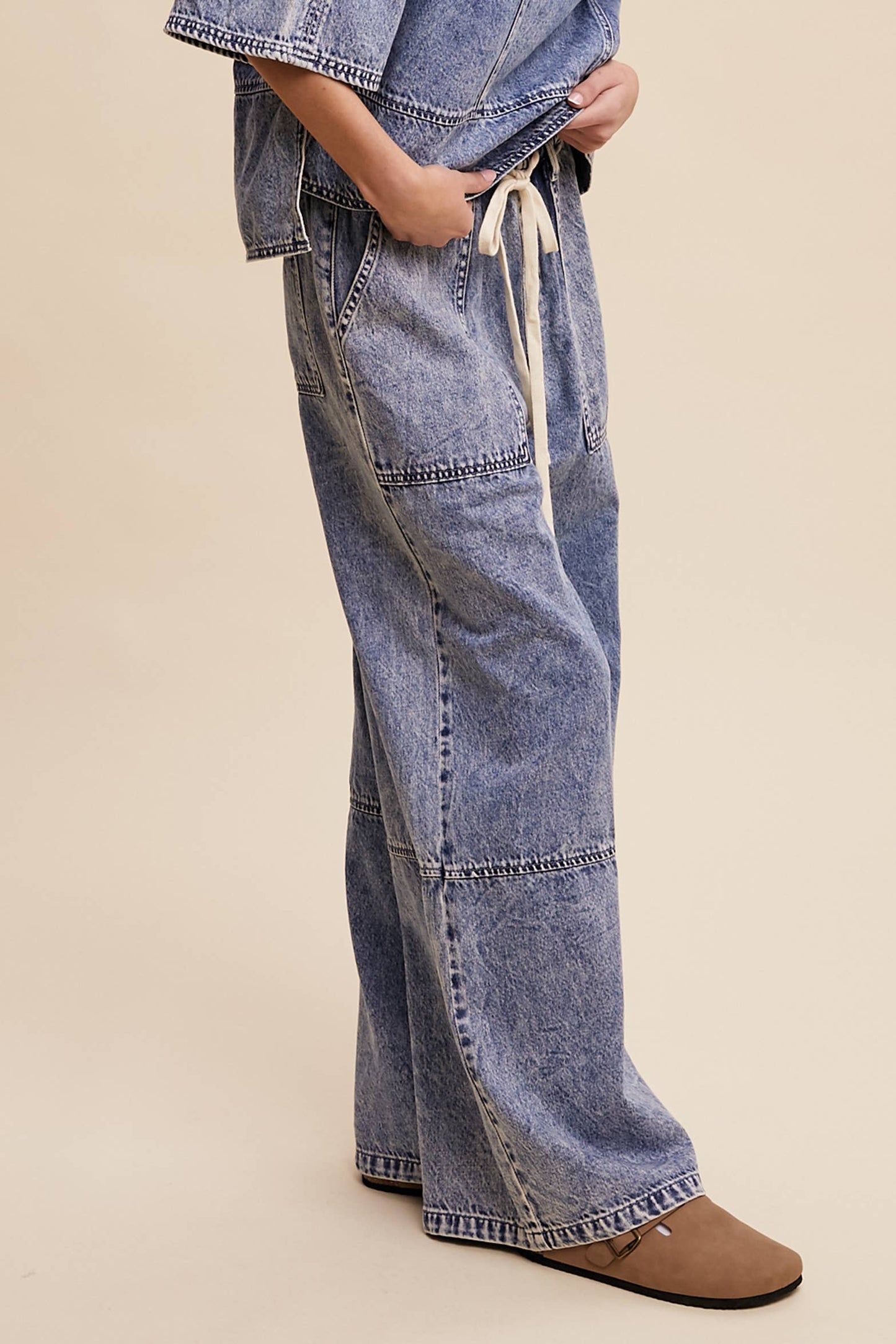 Wide-Leg Denim Drawstring Pants