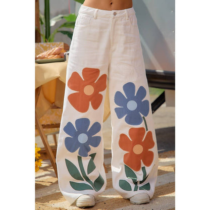 RETRO FLORAL APPLIQUE WIDE LEG COTTON PANTS: OFF WHITE