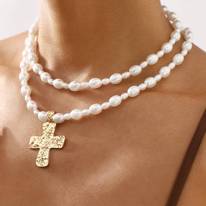 LUSTROUS FAUX PEARL BEADED LAYERED CROSS NECKLACE | 40NK9552: GOLD