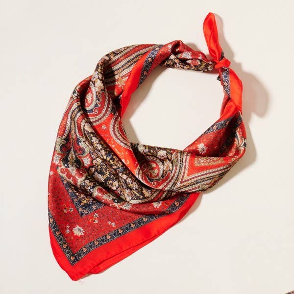 Paisley with Daisy Print Square Satin Scarf: Red