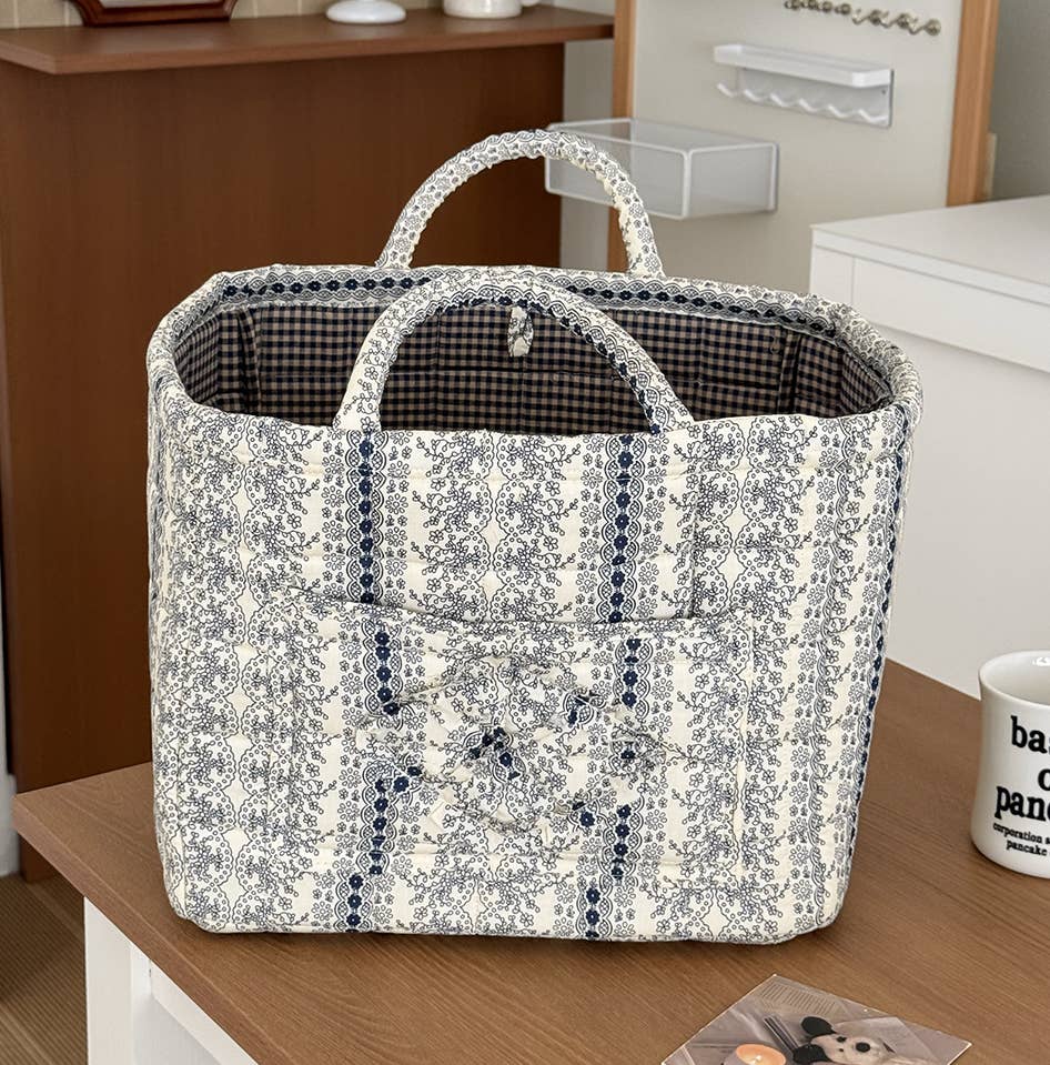 Pink Quilted Floral Laundry Basket Boho Storage basket