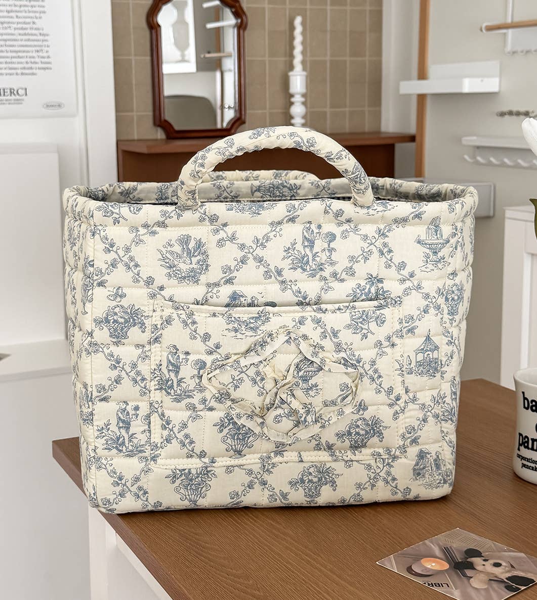 Blue Quilted Floral Laundry Basket Boho Storage Basket
