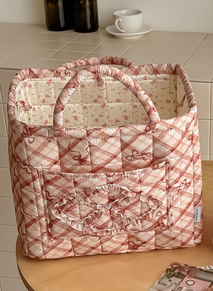 Red Quilted Storage Basket Boho Organizer Tote