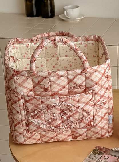 Red Quilted Storage Basket Boho Organizer Tote