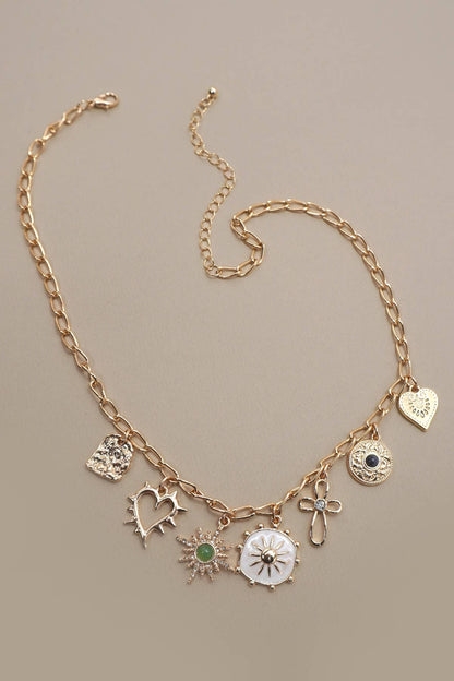 CHARM NECKLACE-HEART CROSS SUNBURST STONE | 80N91423: Gold