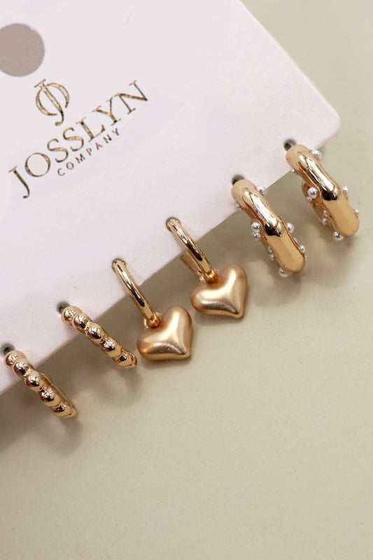 HEART DROP PEARL STUDED HOOP TRIO EARRINGS