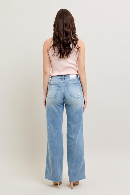 Judy Blue Mid Rise Tummy Control & Distressed Wide Leg Jeans 88933