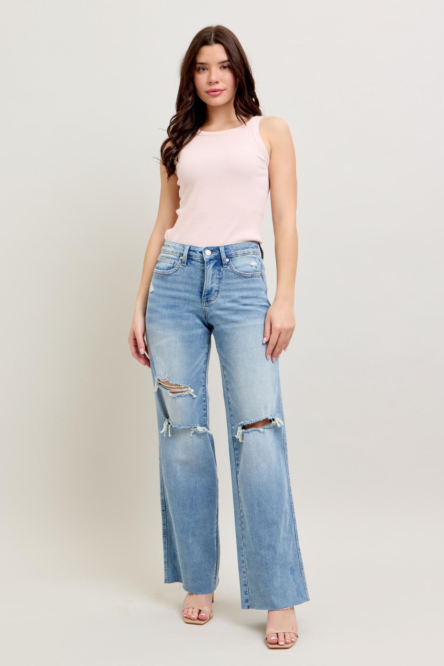 Judy Blue Mid Rise Tummy Control & Distressed Wide Leg Jeans 88933